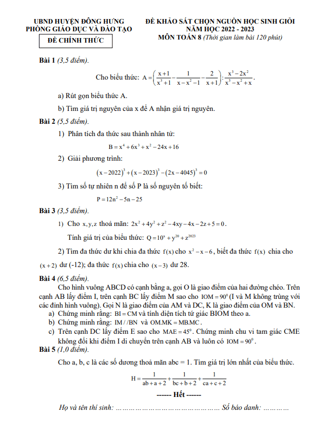 Đề học sinh giỏi Toán 8 năm 2022 – 2023 phòng GD&ĐT Đông Hưng – Thái Bình