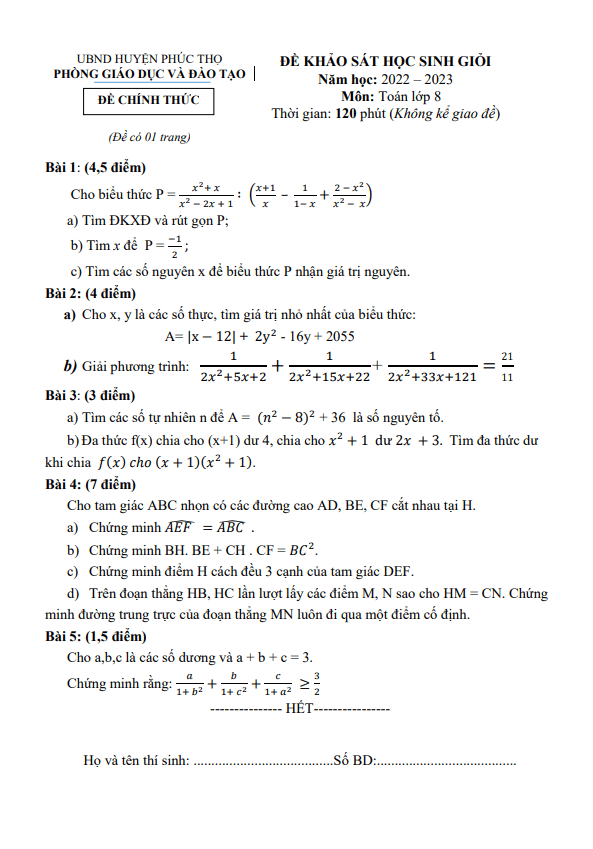 Đề học sinh giỏi Toán 8 năm 2022 – 2023 phòng GD&ĐT huyện Phúc Thọ – Hà Nội