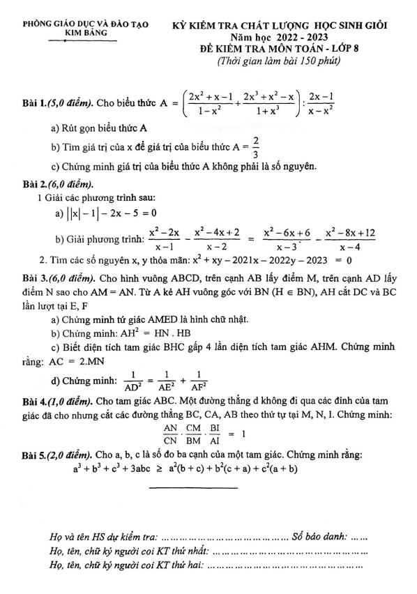 Đề học sinh giỏi Toán 8 năm 2022 – 2023 phòng GD&ĐT Kim Bảng – Hà Nam