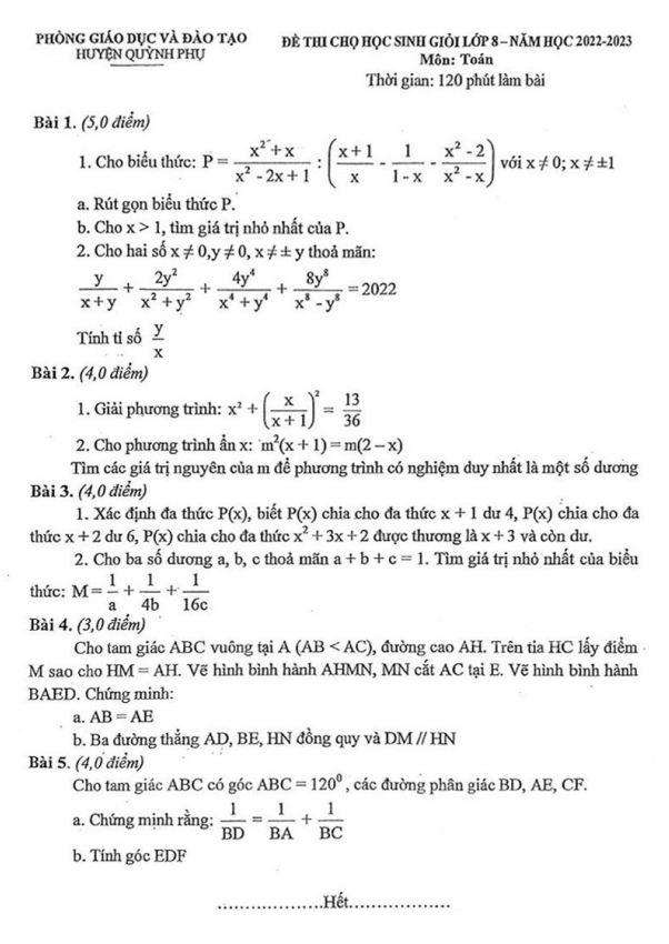 Đề học sinh giỏi Toán 8 năm 2022 – 2023 phòng GD&ĐT Quỳnh Phụ – Thái Bình