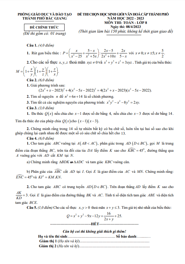 Đề học sinh giỏi Toán 8 năm 2022 – 2023 phòng GD&ĐT thành phố Bắc Giang