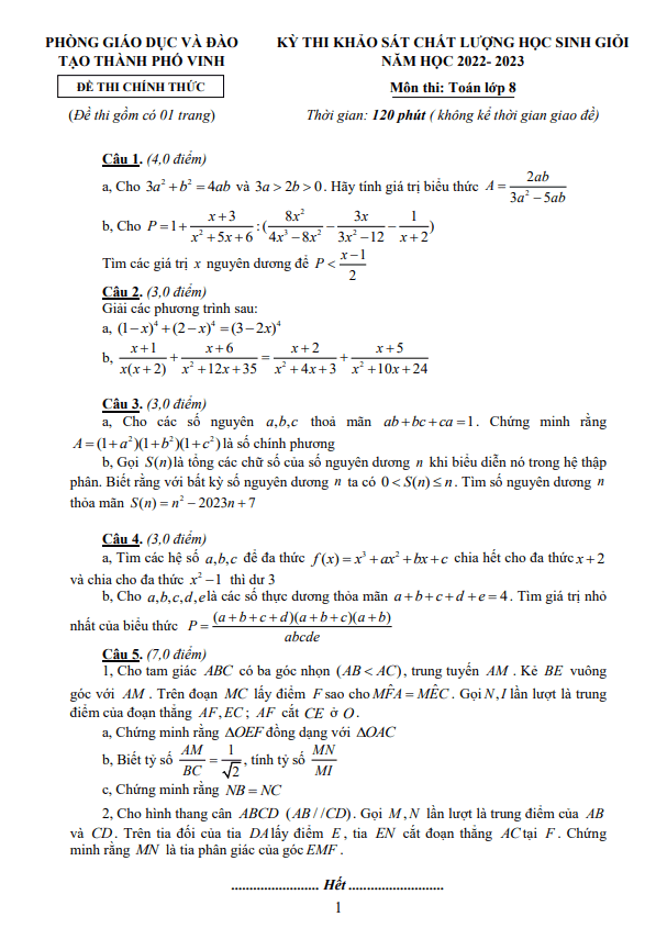 Đề học sinh giỏi Toán 8 năm 2022 – 2023 phòng GD&ĐT thành phố Vinh – Nghệ An