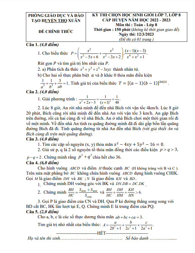 Đề học sinh giỏi Toán 8 năm 2022 – 2023 phòng GD&ĐT Thọ Xuân – Thanh Hoá