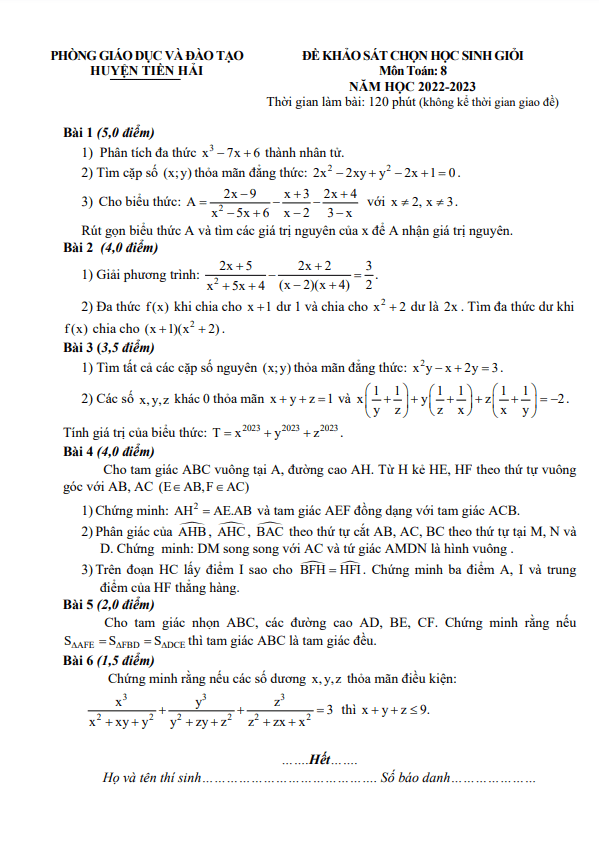 Đề học sinh giỏi Toán 8 năm 2022 – 2023 phòng GD&ĐT Tiền Hải – Thái Bình