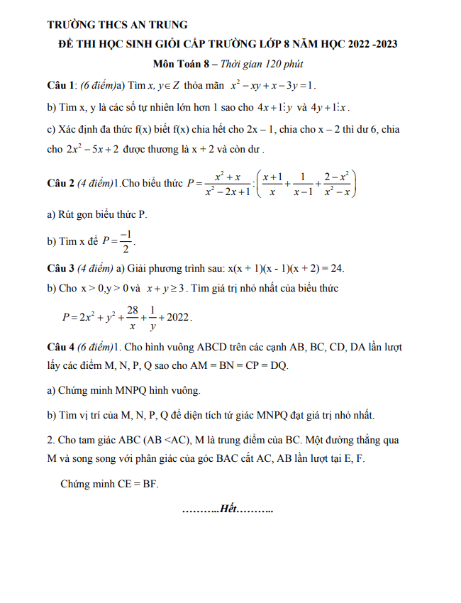 Đề học sinh giỏi Toán 8 năm 2022 – 2023 trường THCS An Trung – Nghệ An