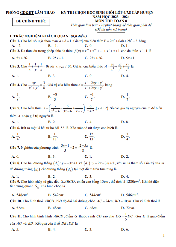 Đề học sinh giỏi Toán 8 năm 2023 – 2024 phòng GD&ĐT Lâm Thao – Phú Thọ