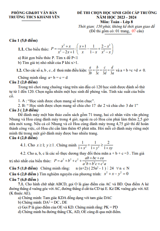 Đề học sinh giỏi Toán 8 năm 2023 – 2024 trường THCS Khánh Yên – Lào Cai