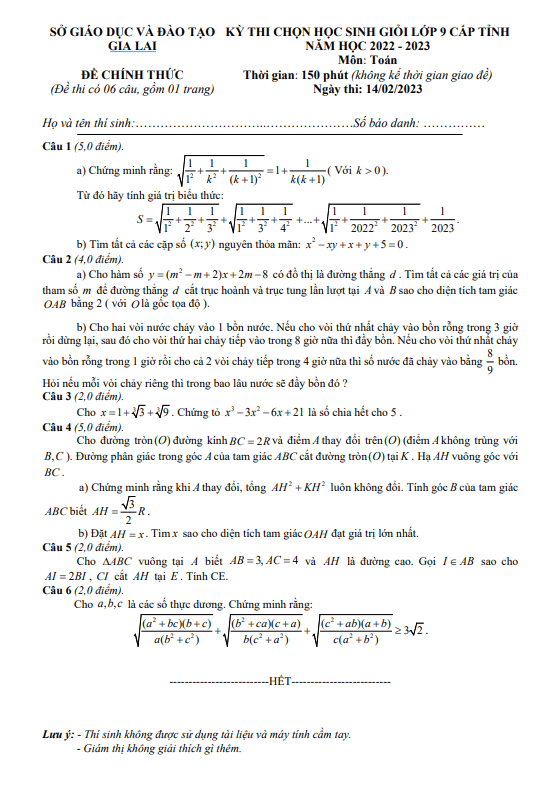 Đề học sinh giỏi Toán 9 cấp tỉnh năm 2022 – 2023 sở GD&ĐT Gia Lai