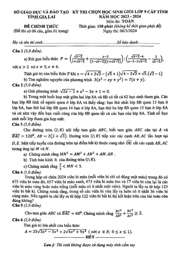 Đề học sinh giỏi Toán 9 cấp tỉnh năm 2023 – 2024 sở GD&ĐT Gia Lai