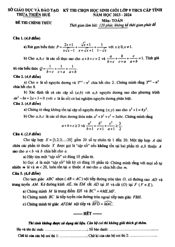 Đề học sinh giỏi Toán 9 cấp tỉnh năm 2023 – 2024 sở GD&ĐT Thừa Thiên Huế