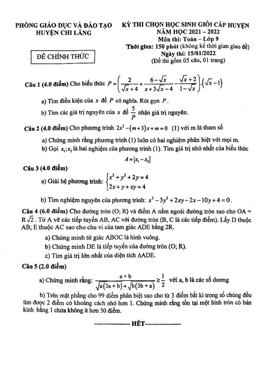 Đề học sinh giỏi Toán 9 năm 2021 – 2022 phòng GD&ĐT Chi Lăng – Lạng Sơn