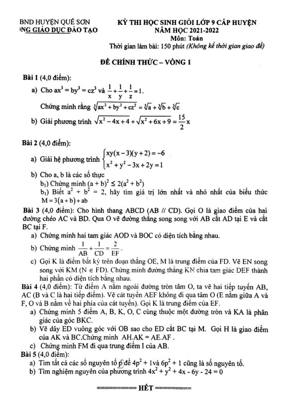 Đề học sinh giỏi Toán 9 năm 2021 – 2022 phòng GD&ĐT Quế Sơn – Quảng Nam