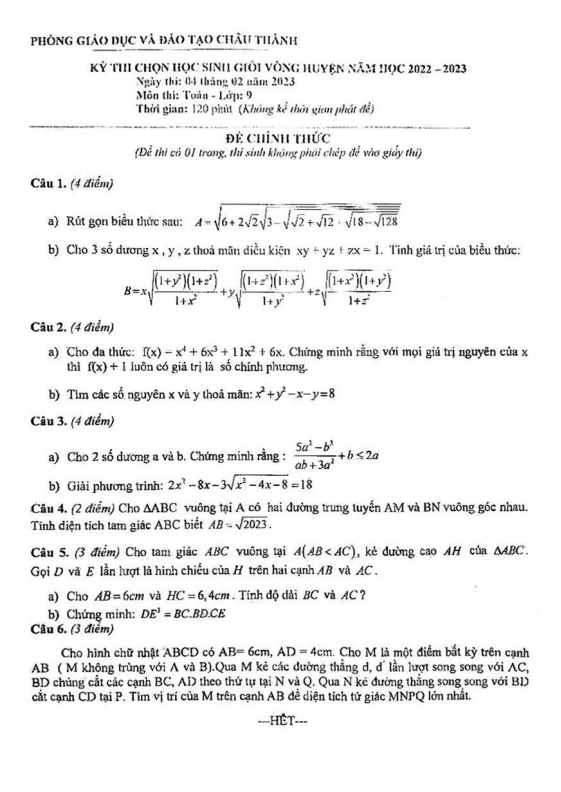 Đề học sinh giỏi Toán 9 năm 2022 – 2023 phòng GD&ĐT Châu Thành – Bến Tre