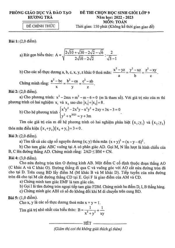 Đề học sinh giỏi Toán 9 năm 2022 – 2023 phòng GD&ĐT Hương Trà – TT Huế