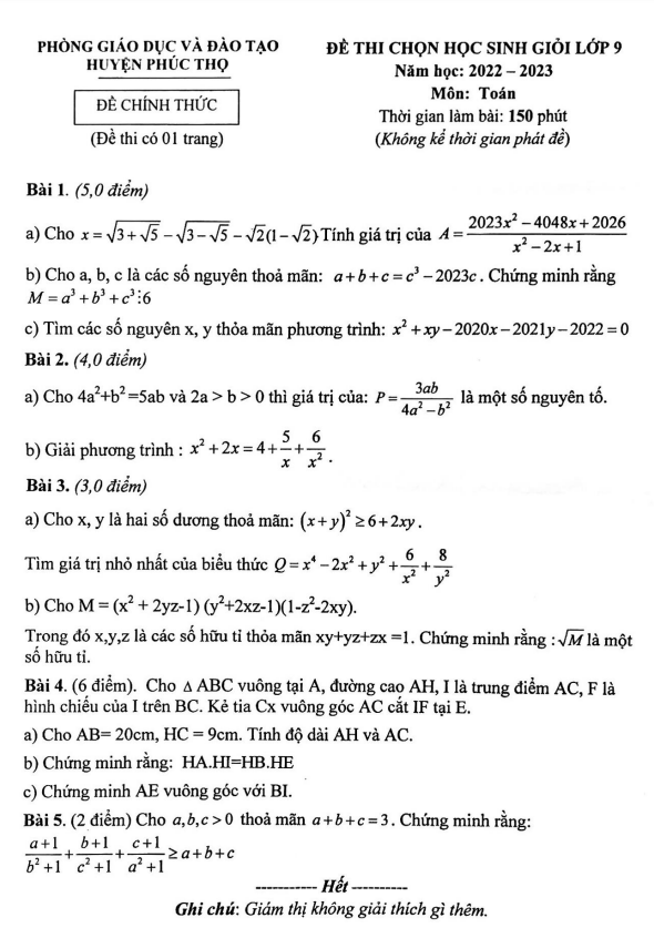 Đề học sinh giỏi Toán 9 năm 2022 – 2023 phòng GD&ĐT huyện Phúc Thọ – Hà Nội