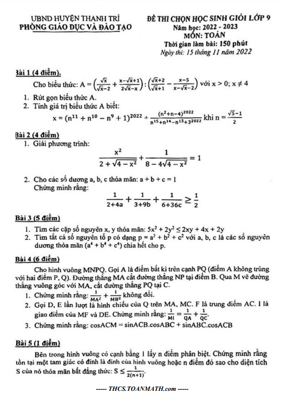 Đề học sinh giỏi Toán 9 năm 2022 – 2023 phòng GD&ĐT Thanh Trì – Hà Nội