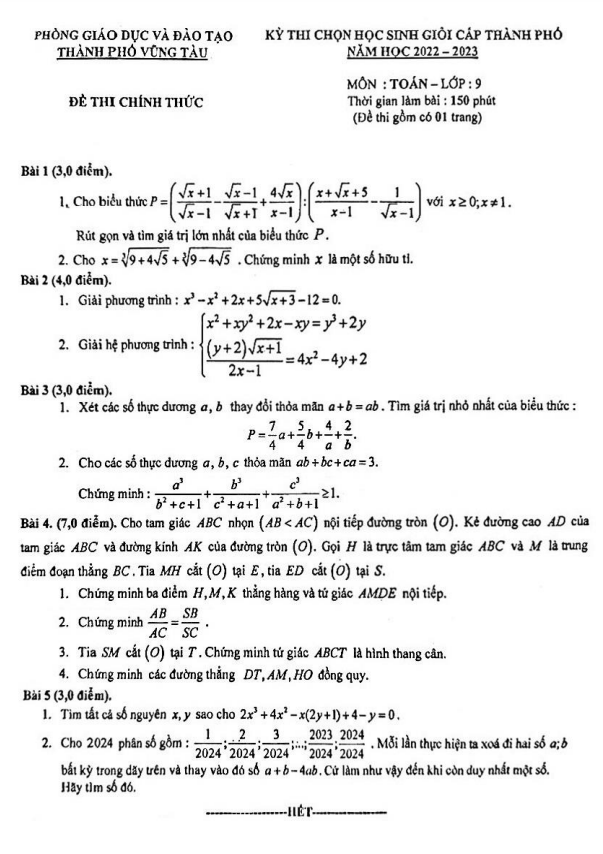 Đề học sinh giỏi Toán 9 năm 2022 – 2023 phòng GD&ĐT Vũng Tàu – BR VT