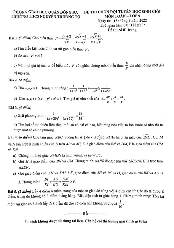 Đề học sinh giỏi Toán 9 năm 2022 – 2023 trường THCS Nguyễn Trường Tộ – Hà Nội