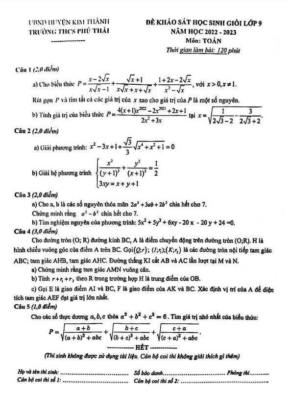 Đề học sinh giỏi Toán 9 năm 2022 – 2023 trường THCS Phú Thái – Hải Dương