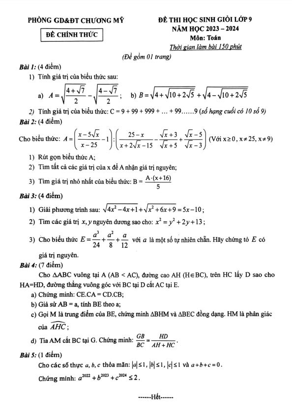 Đề học sinh giỏi Toán 9 năm 2023 – 2024 phòng GD&ĐT Chương Mỹ – Hà Nội