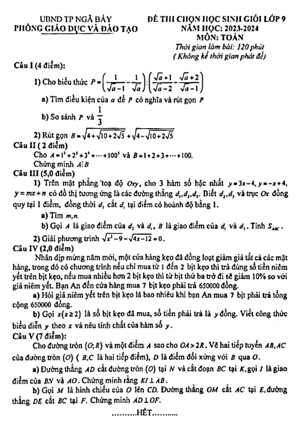 Đề học sinh giỏi Toán 9 năm 2023 – 2024 phòng GD&ĐT Ngã Bảy – Hậu Giang