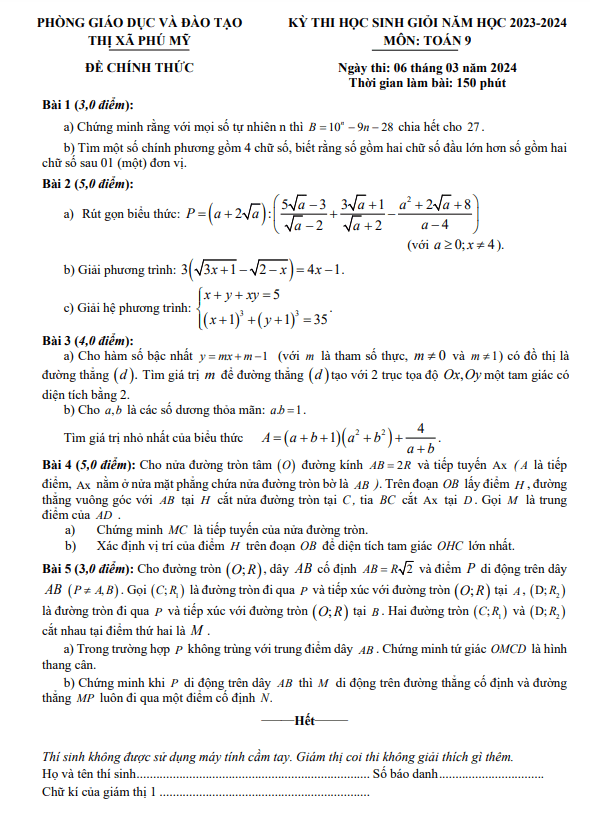 Đề học sinh giỏi Toán 9 năm 2023 – 2024 phòng GD&ĐT Phú Mỹ – BR VT