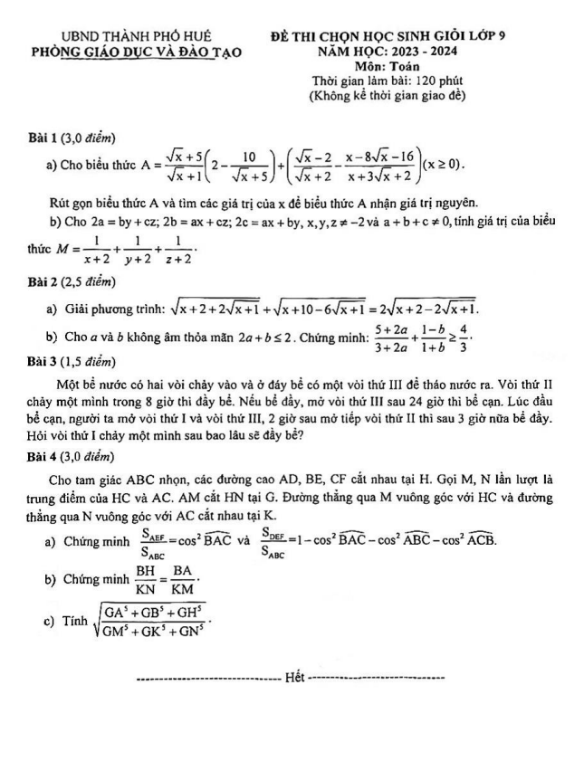 Đề học sinh giỏi Toán 9 năm 2023 – 2024 phòng GD&ĐT thành phố Huế
