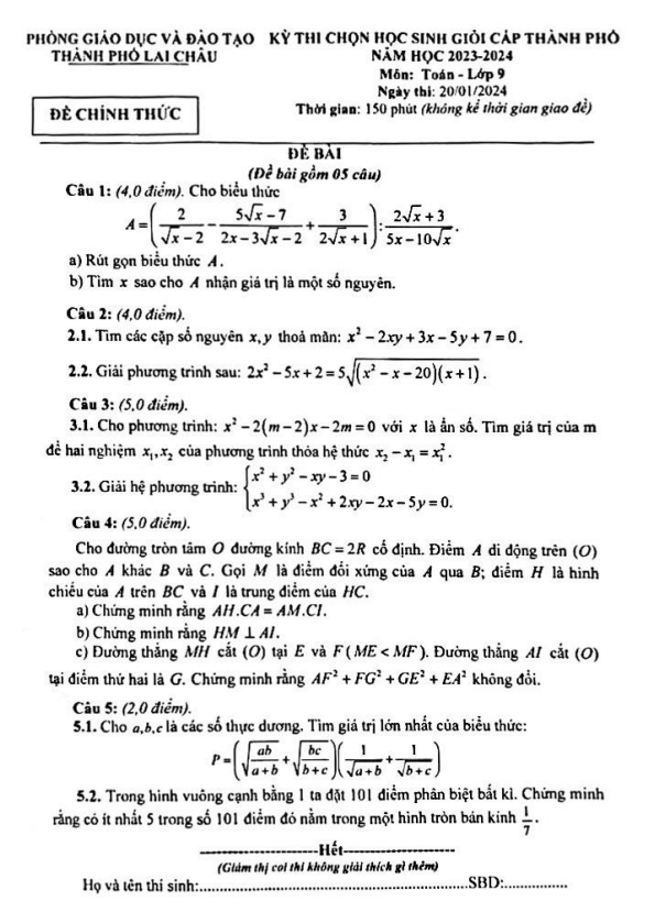 Đề học sinh giỏi Toán 9 năm 2023 – 2024 phòng GD&ĐT thành phố Lai Châu