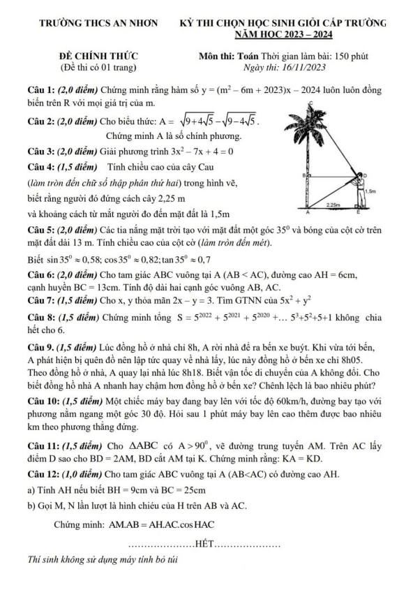 Đề học sinh giỏi Toán 9 năm 2023 – 2024 trường THCS An Nhơn – Lâm Đồng