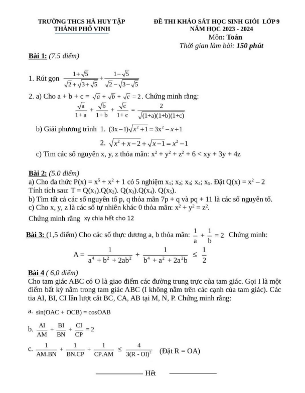 Đề học sinh giỏi Toán 9 năm 2023 – 2024 trường THCS Hà Huy Tập – Nghệ An