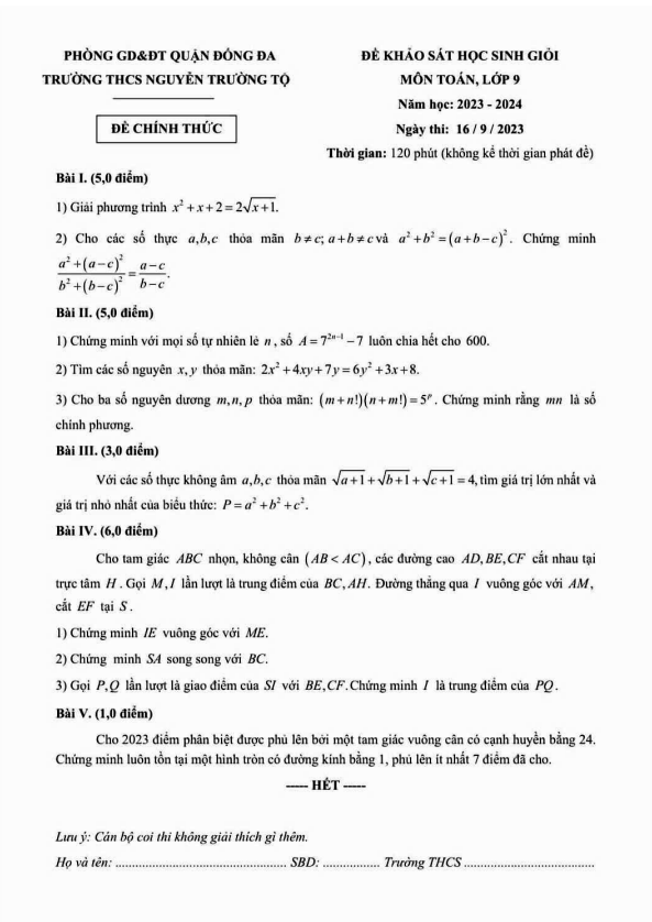 Đề học sinh giỏi Toán 9 năm 2023 – 2024 trường THCS Nguyễn Trường Tộ – Hà Nội