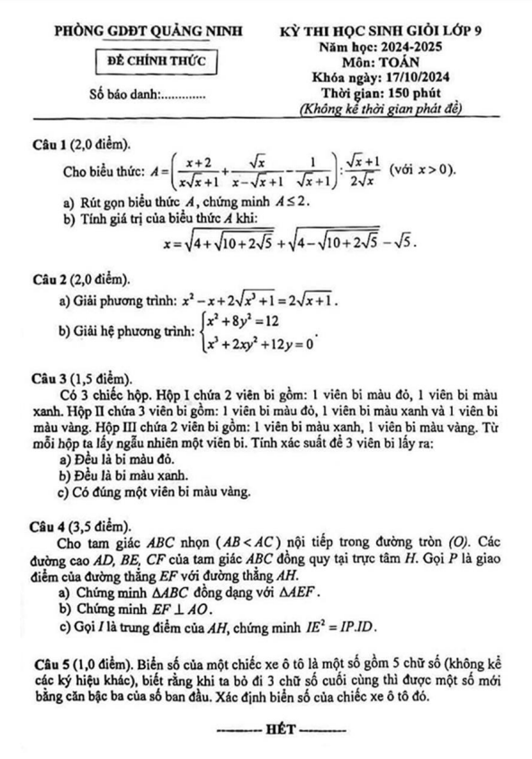 Đề học sinh giỏi Toán 9 năm 2024 – 2025 phòng GD&ĐT Quảng Ninh – Quảng Bình