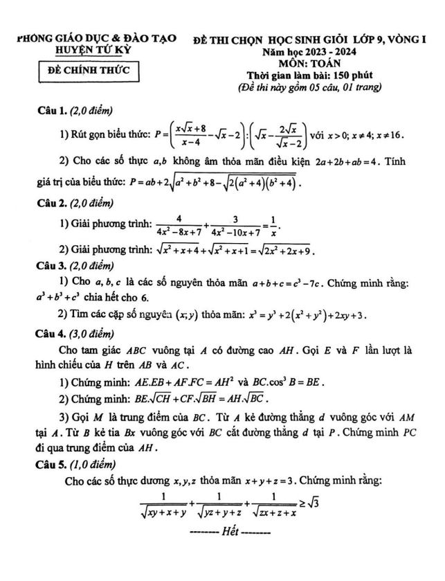Đề học sinh giỏi Toán 9 vòng 1 năm 2023 – 2024 phòng GD&ĐT Tứ Kỳ – Hải Dương