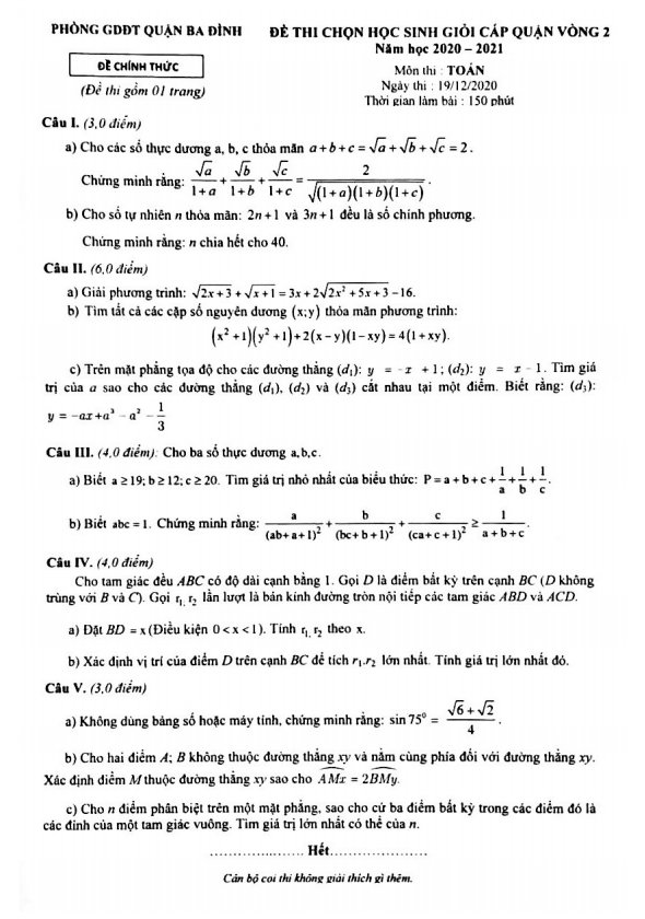 Đề học sinh giỏi Toán 9 vòng 2 năm 2020 – 2021 phòng GD&ĐT Ba Đình – Hà Nội