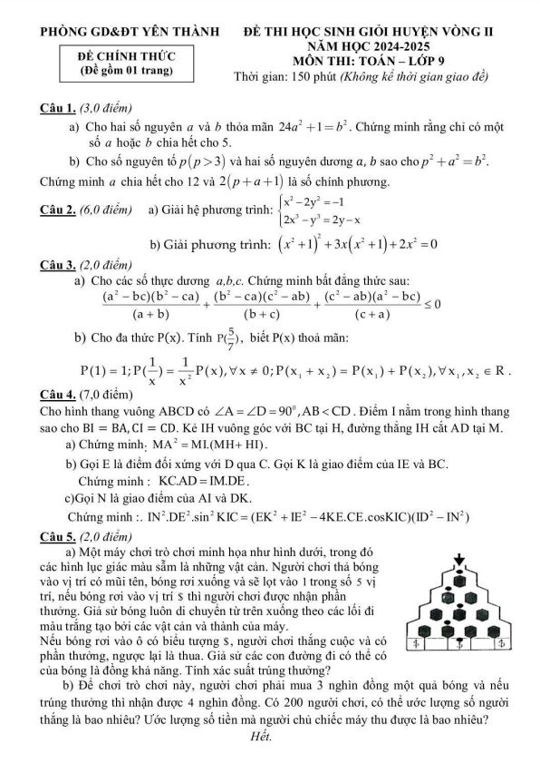 Đề học sinh giỏi Toán 9 vòng 2 năm 2024 – 2025 phòng GD&ĐT Yên Thành – Nghệ An