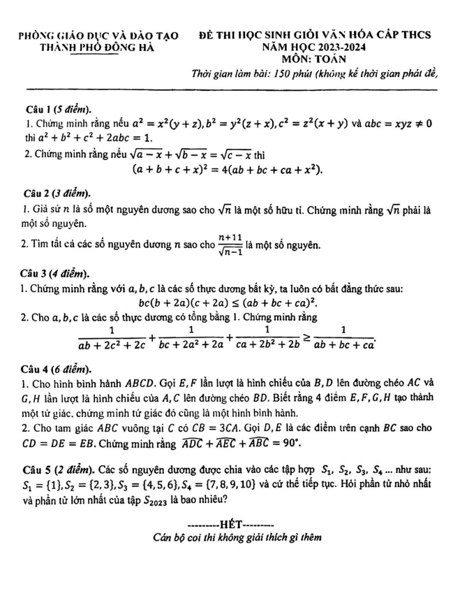 Đề học sinh giỏi Toán THCS năm 2023 – 2024 phòng GD&ĐT Đông Hà – Quảng Trị