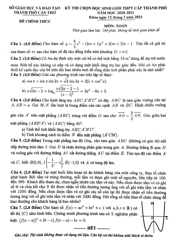 Đề học sinh giỏi Toán THPT cấp thành phố năm 2020 – 2021 sở GD&ĐT Cần Thơ