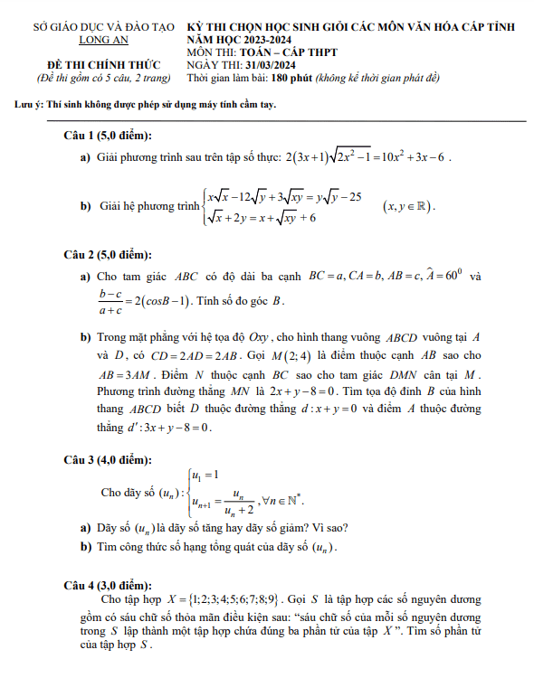 Đề học sinh giỏi Toán THPT cấp tỉnh năm 2023 – 2024 sở GD&ĐT Long An