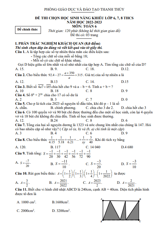 Đề học sinh năng khiếu Toán 6 năm 2022 – 2023 phòng GD&ĐT Thanh Thủy – Phú Thọ