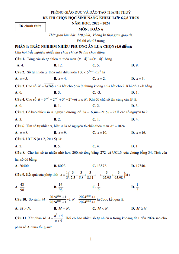 Đề học sinh năng khiếu Toán 6 năm 2023 – 2024 phòng GD&ĐT Thanh Thủy – Phú Thọ