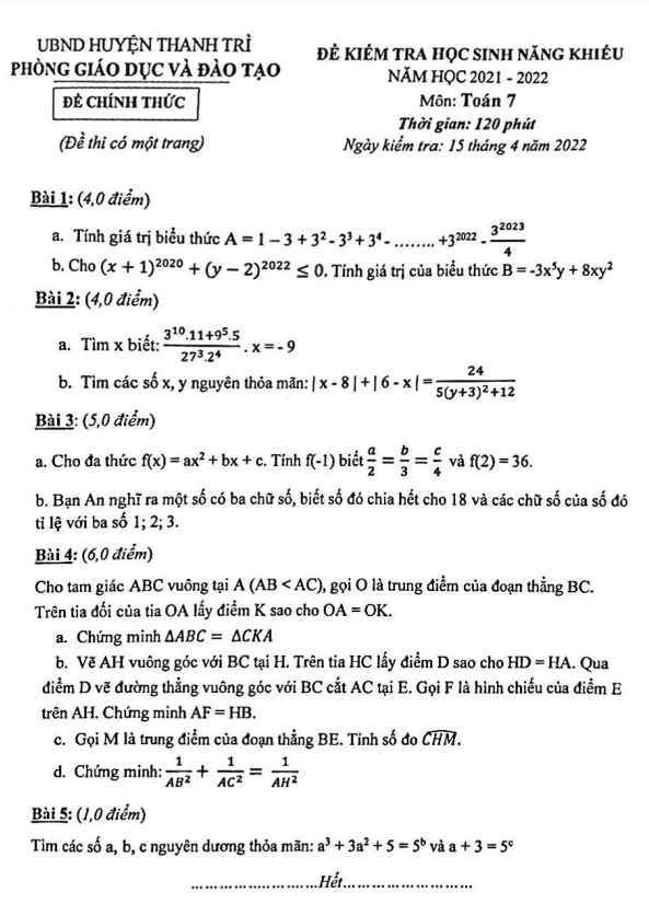 Đề học sinh năng khiếu Toán 7 năm 2021 – 2022 phòng GD&ĐT Thanh Trì – Hà Nội
