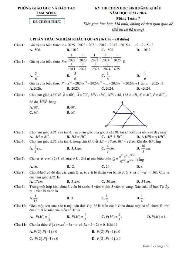 Đề học sinh năng khiếu Toán 7 năm 2023 – 2024 phòng GD&ĐT Tam Nông – Phú Thọ