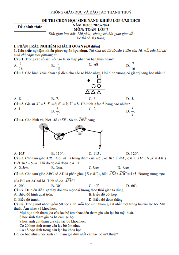 Đề học sinh năng khiếu Toán 7 năm 2023 – 2024 phòng GD&ĐT Thanh Thủy – Phú Thọ