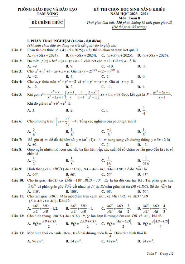 Đề học sinh năng khiếu Toán 8 năm 2023 – 2024 phòng GD&ĐT Tam Nông – Phú Thọ