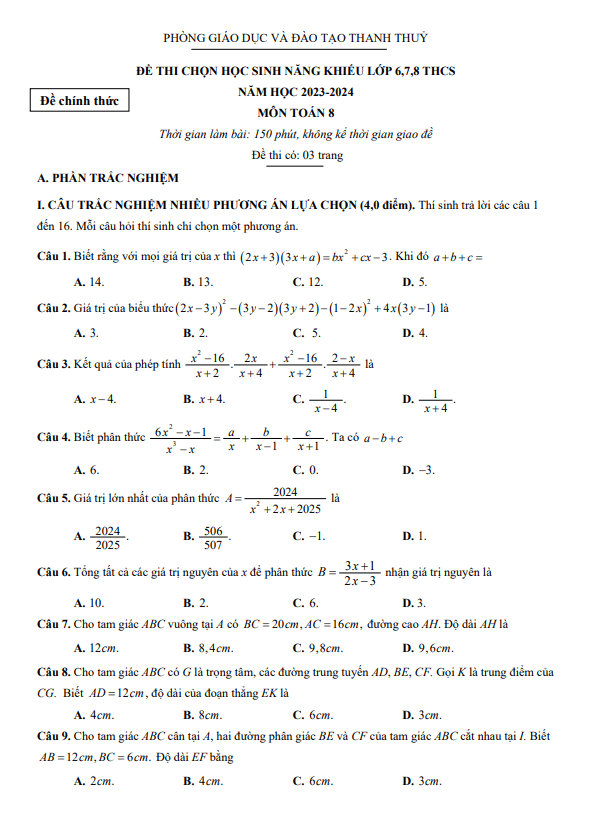 Đề học sinh năng khiếu Toán 8 năm 2023 – 2024 phòng GD&ĐT Thanh Thủy – Phú Thọ