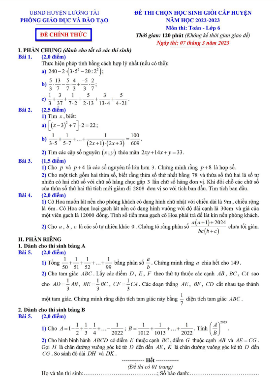 Đề HSG cấp huyện Toán 6 năm 2022 – 2023 phòng GD&ĐT Lương Tài – Bắc Ninh