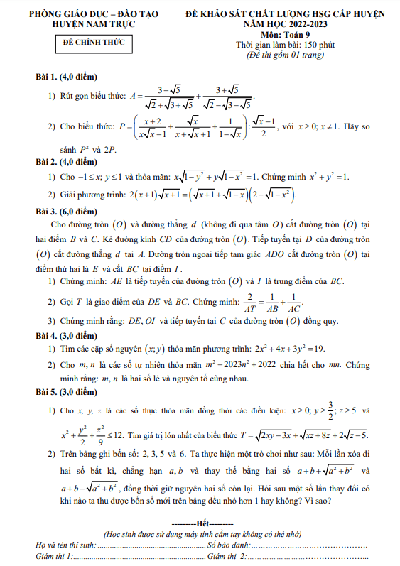 Đề HSG cấp huyện Toán 9 năm 2022 – 2023 phòng GD&ĐT Nam Trực – Nam Định