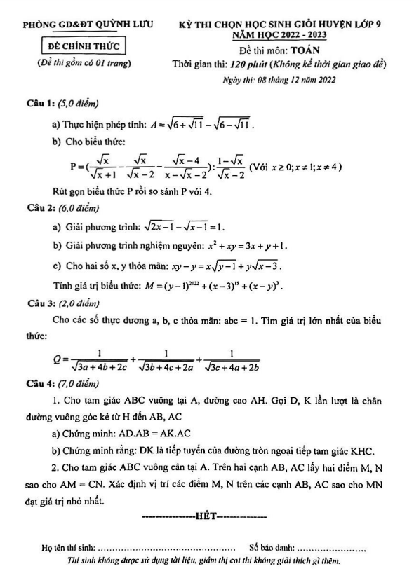 Đề HSG cấp huyện Toán 9 năm 2022 – 2023 phòng GD&ĐT Quỳnh Lưu – Nghệ An