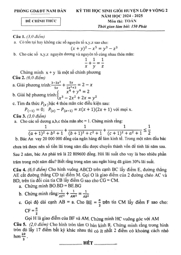 Đề HSG huyện Toán 9 vòng 2 năm 2024 – 2025 phòng GD&ĐT Nam Đàn – Nghệ An