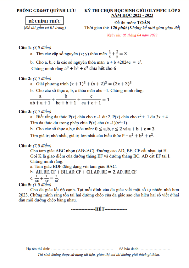 Đề HSG Olympic Toán 8 năm 2022 – 2023 phòng GD&ĐT Quỳnh Lưu – Nghệ An